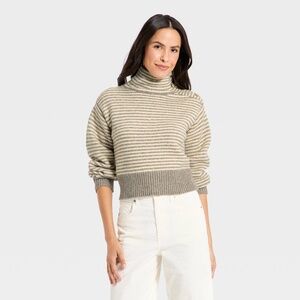 Women's Long Sleeve Mock Turtleneck Button Pullover Sweater Taupe Striped XS